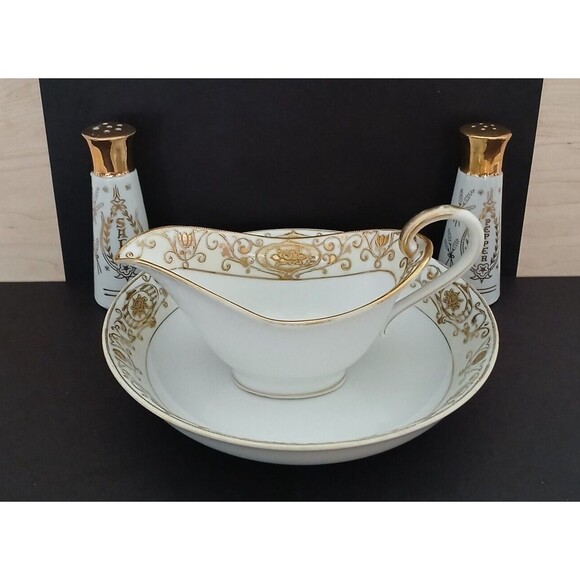 Noritake Japan Hand Painted Embossed Gold Japanese Gravy Boat-Bowl-Salt & Pepper - Picture 2 of 16